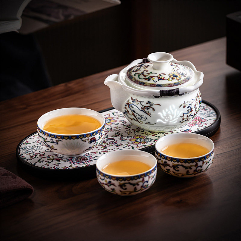 瓷牌茗羊脂玉瓷珐琅彩玲珑瓷茶杯手抓壶轻奢高档家用办公功夫茶具