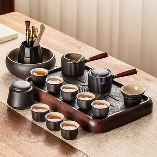 高档家用办公会客茶杯茶盘 瓷牌茗黑陶侧把壶功夫茶具防烫手柄套装