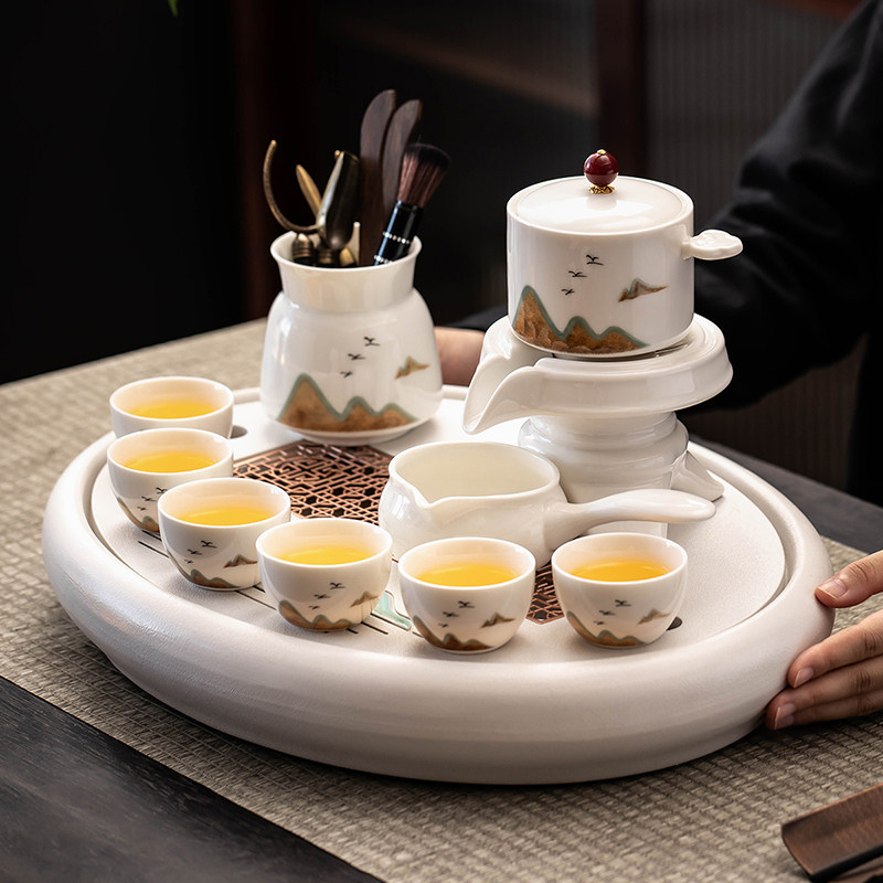 羊脂玉自动茶具套组家用泡茶壶陶瓷茶盘茶杯办公室旋转石磨茶壶