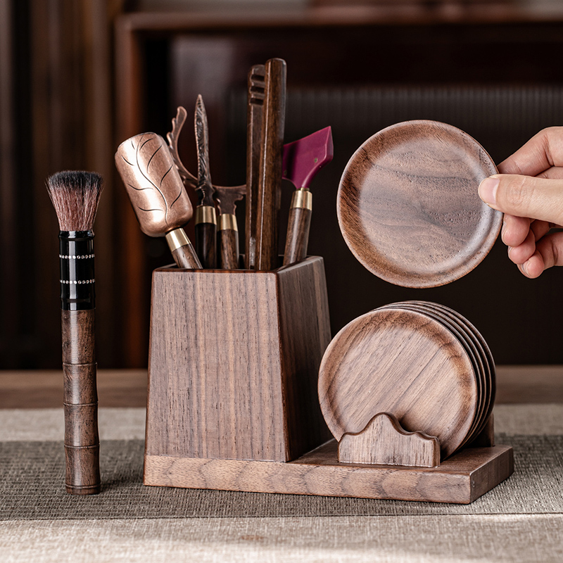 胡桃木茶道六君子杯垫套装