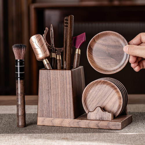 胡桃木茶道六君子杯垫套装