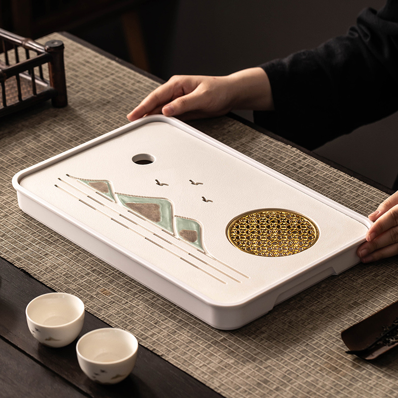 茶盘家用茶具茶台蓄排双用陶瓷干泡台轻奢现代小型长方托盘大茶海