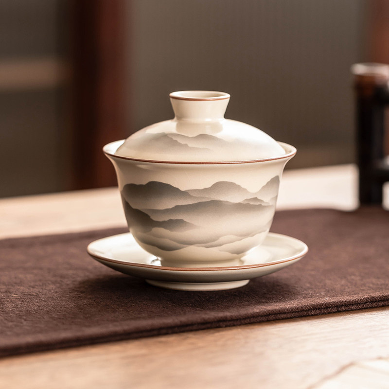 瓷牌茗米黄汝窑水墨三才盖碗不烫手泡茶碗家用办公高档喝茶器茶杯,餐饮具,盖碗,淘宝优惠券,粉丝福利购,淘宝优惠卷