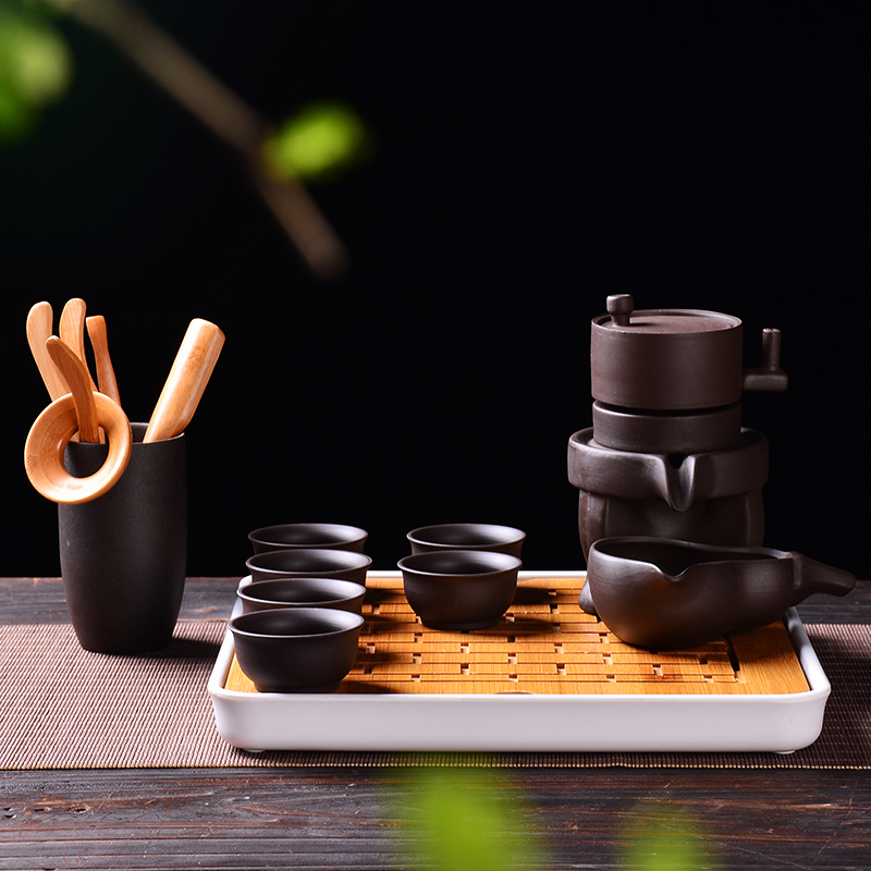 石磨自動茶具套裝懶人泡茶器茶盤陶瓷功夫茶具家用簡約時來運轉