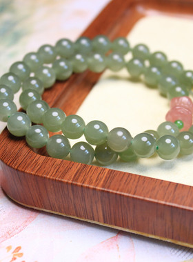 新款和田玉8mm圆珠手链搭配碧玉珠玛瑙莲花女款时尚两圈手串饰品