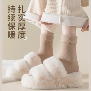 冬季厚袜子女中筒袜秋冬款加绒加厚保暖睡眠雪地袜纯色长筒地板袜