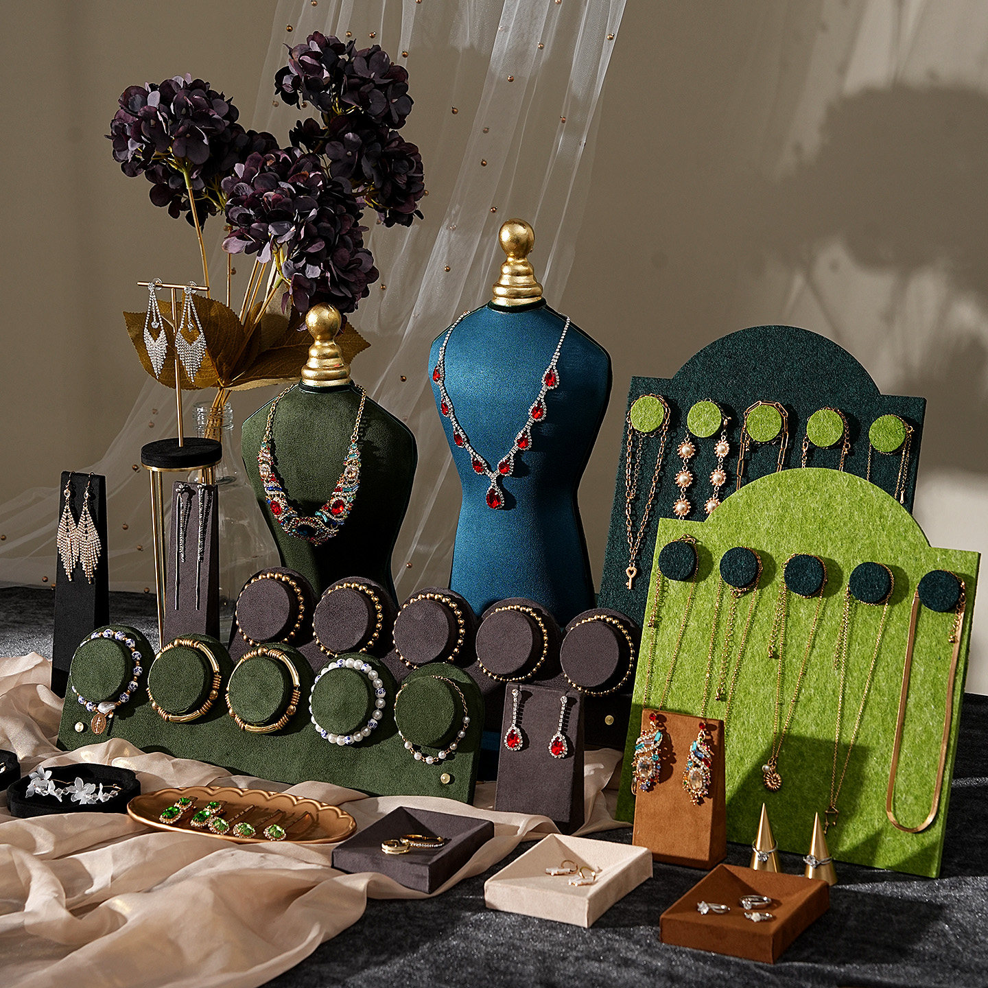 首饰展示架复古风绒布五联手串手链架戒指项链陈列盘道具拍摄道具