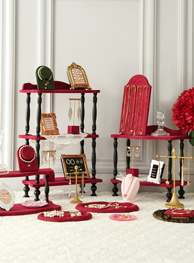 首饰展示架复古红色三层收纳架戒指耳环陈列托盘店铺饰品拍摄道具