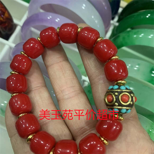 红色玉石老型珠藏族银饰手串男女时来运转手链玉髓饰品路路通手串