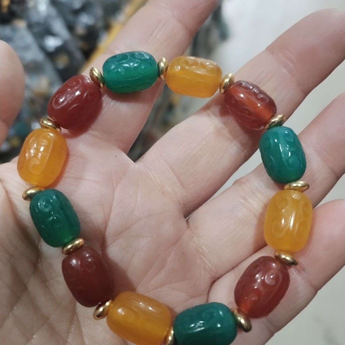 仿古雕刻鼓型珠时来运转多宝天然玛瑙缠丝手串多彩椭手链玉石手饰