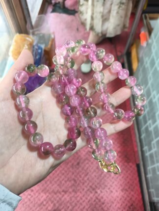 仿粉水晶圆珠项链手链两件套粉绿色圆珠玉石饰品礼物男女款