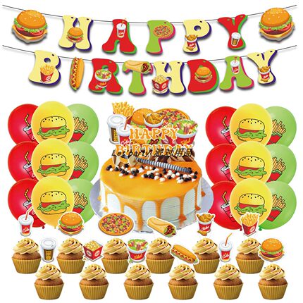 现货汉堡可乐主题儿童生日派对装饰套装拉旗蛋糕大小插牌气球
