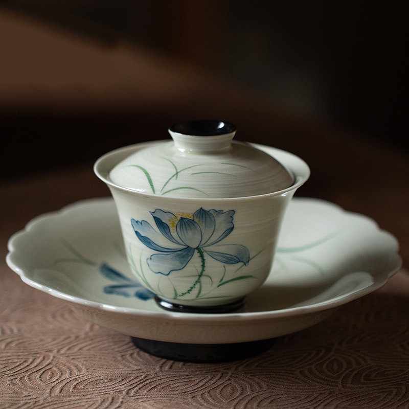 手绘粉引兰荷盖碗茶杯功夫茶具单个陶瓷防烫中国风家用客厅泡茶碗