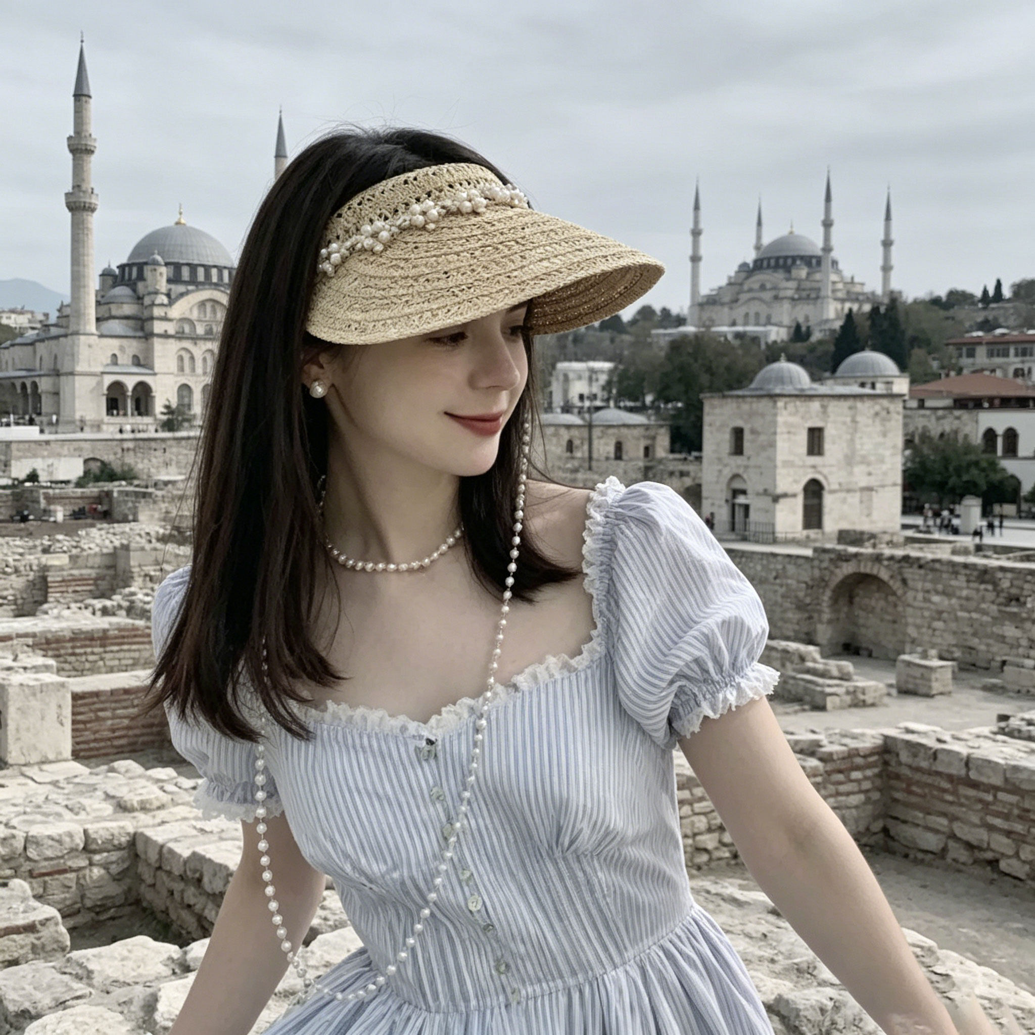 防晒空顶帽女珍珠链条装饰清新夏季透气遮阳草帽户外防晒帽显脸小