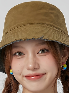 渔夫帽女士春夏双面戴磨边盆帽纯棉撞色显脸小防晒帽遮阳水桶帽子