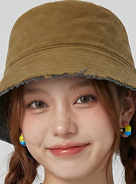 渔夫帽女士春夏双面戴磨边盆帽纯棉撞色显脸小防晒帽遮阳水桶帽子