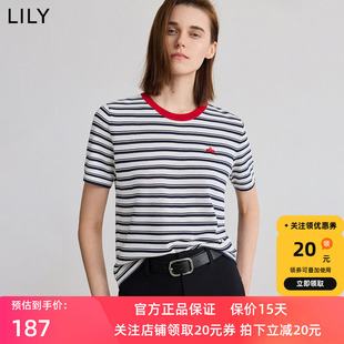 LILY2025夏新款女装经典不规则撞色条纹休闲百搭圆领短袖针织衫