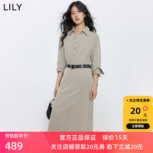 LILY2025新款女装莱赛尔混纺工装翻领收腰浅色衬衫裙过膝连衣裙