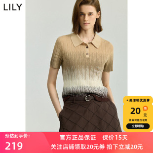 LILY2025新款设计感复古渐变撞色休闲POLO领长绒棉短袖针织衫女