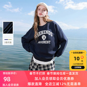 三彩2025秋季 宽松休闲落肩袖 新款 复古字母印花卫衣套头衫