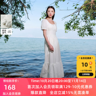 全棉方领连衣裙高腰短袖 若潮大码 新款 2025夏季 绣花胖MM 女装