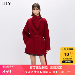 【商场同款】LILY2025冬新款含羊毛骆驼绒大红色毛呢外套女中长款