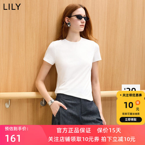 LILY2026秋新款莱赛尔亚麻混纺简约圆领休闲纯色短袖套头T恤短款