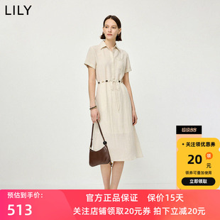 LILY2026夏新款女装简约翻领串珠抽绳收腰休闲通勤工装短袖连衣裙