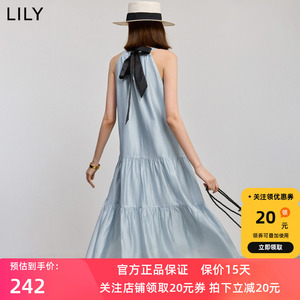 LILY2025夏新款女装莫代尔醋酸混纺度假风挂脖A字连衣裙蓝色长裙