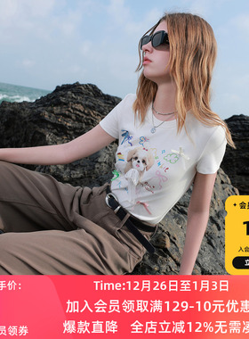 ibudu2025夏季新款小狗印花T恤蝴蝶结圆领正肩短袖短款女