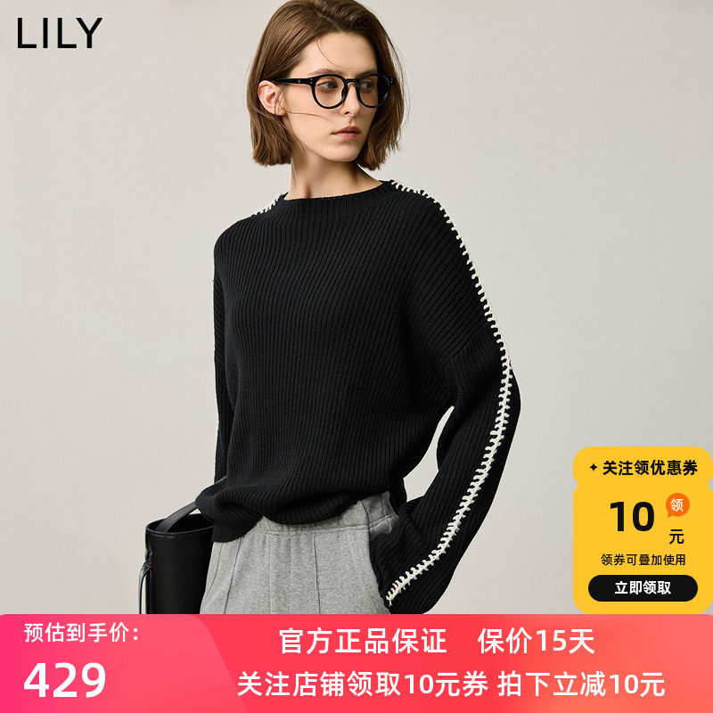 LILY2025冬新款女装羊毛混纺撞色立体线条套头圆领黑色针织衫毛衣