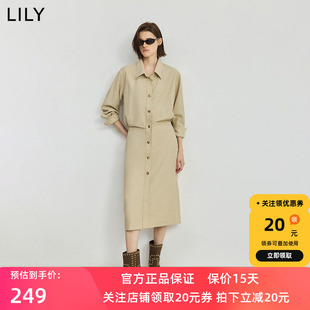LILY2025新款含亚麻工装收腰休闲通勤直筒衬衫裙卡其色连衣裙女
