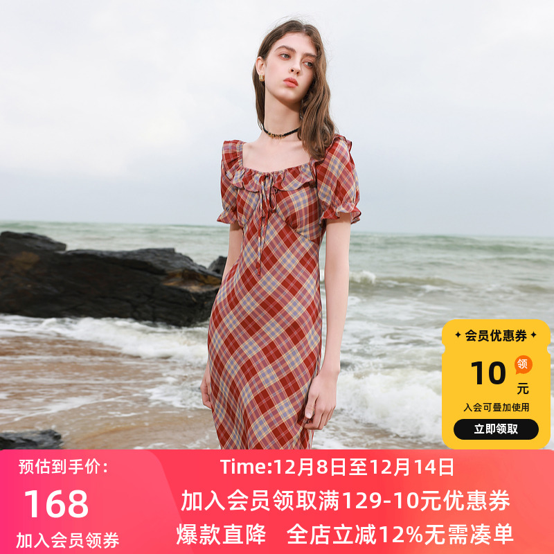 ibudu2025夏季新款复古格纹雪纺连衣裙方领泡泡袖长裙女