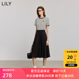 LILY2025夏新款女装简约撞色条纹拼接休闲通勤收腰短袖T恤连衣裙