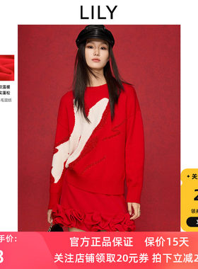 LILY女装羊毛混纺针织衫红色毛衣
