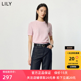 LILY2026夏新款简约钉珠休闲通勤浅粉色短袖圆领套头针织衫毛衣女