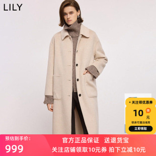 羊毛LILY2025冬新款简约翻领宽松通勤浅色毛呢大衣外套女长款