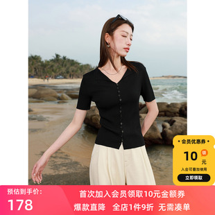 女装 新款 若潮大码 2025夏季 V领上衣坑条设计感胖MM 休闲针织衫 短袖