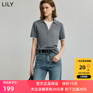 【商场同款】LILY2025秋新款女装复古假两件POLO领休闲短袖针织衫