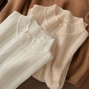 法式镂空蕾丝针织打底衫女半高领早秋时尚洋气百搭性感上衣罩衫新