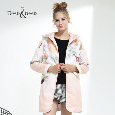 tune tune冬季新款印花棉衣中长款棉服女外套