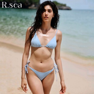 Rsea多巴胺三角杯比基尼可调节绑带式 高腰遮肚分体沙滩度假泳衣女