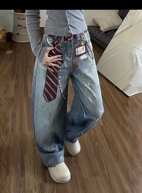 美式高街风破洞牛仔裤女宽松直筒阔腿裤小众设计感-1769