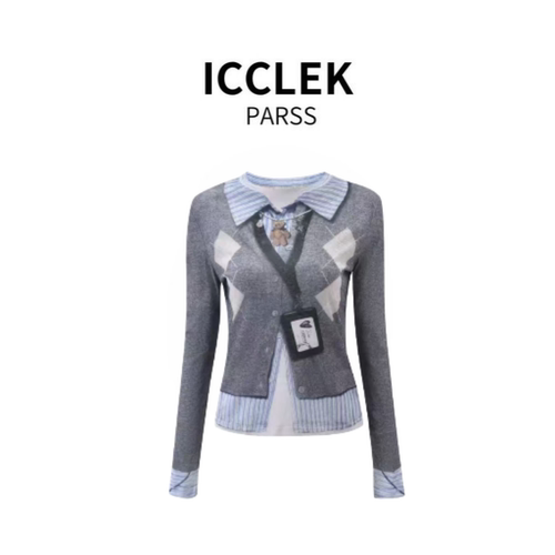 ICCLEK PARSS 2025新款早秋夏轻奢学院风拼接假两件针织开衫-5893