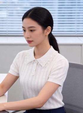 轻奢风白色polo领短袖针织衫女百搭显瘦减龄上衣-9557
