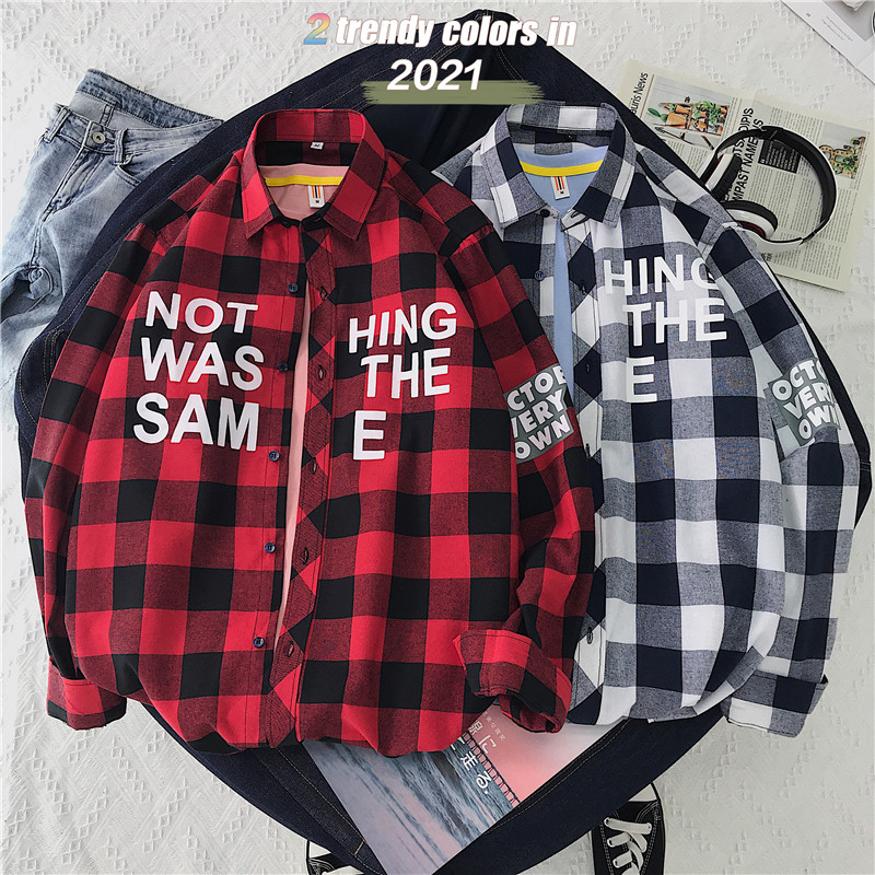 Hong Kong Style Plaid long sleeve casual shirt trend student loose shirt men