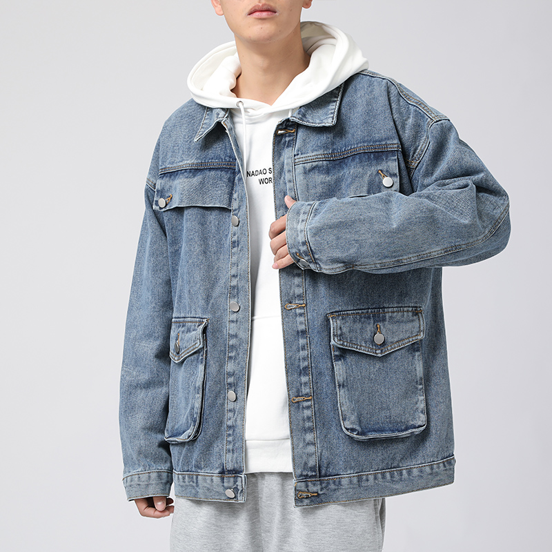 港風潮牌立體口袋男士牛仔外套寬鬆日系水洗復古牛仔衣