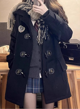 学院风牛角扣大衣女外套2026秋冬新款黑色女毛呢jk制服中长款大衣