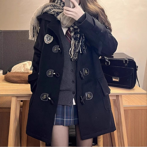 学院风牛角扣大衣女外套2026秋冬新款黑色女毛呢jk制服中长款大衣