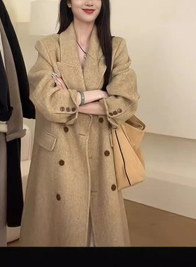 双面羊绒大衣女2026秋冬季新款人字纹正肩韩系宽松过膝气质羊毛呢